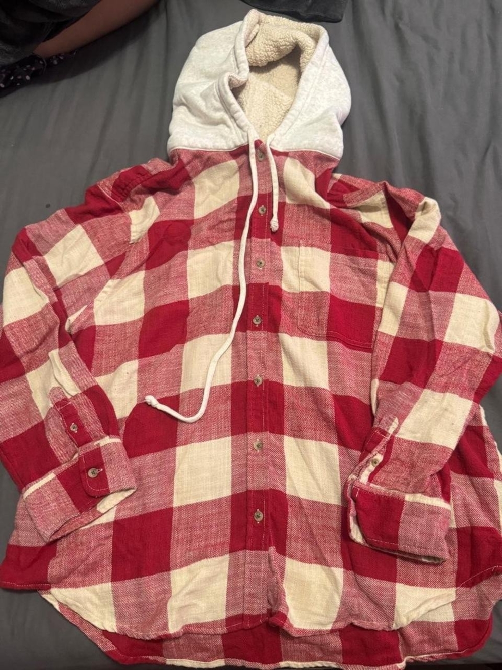 American Eagle Plaid Hooded Jacket Red & Cream Small